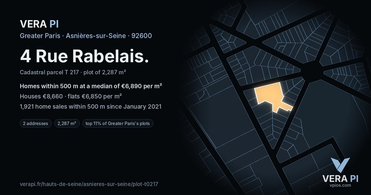 4 Rue Rabelais, Asnières-sur-Seine at night – the plot lit, the parcels around coloured by the prices near them