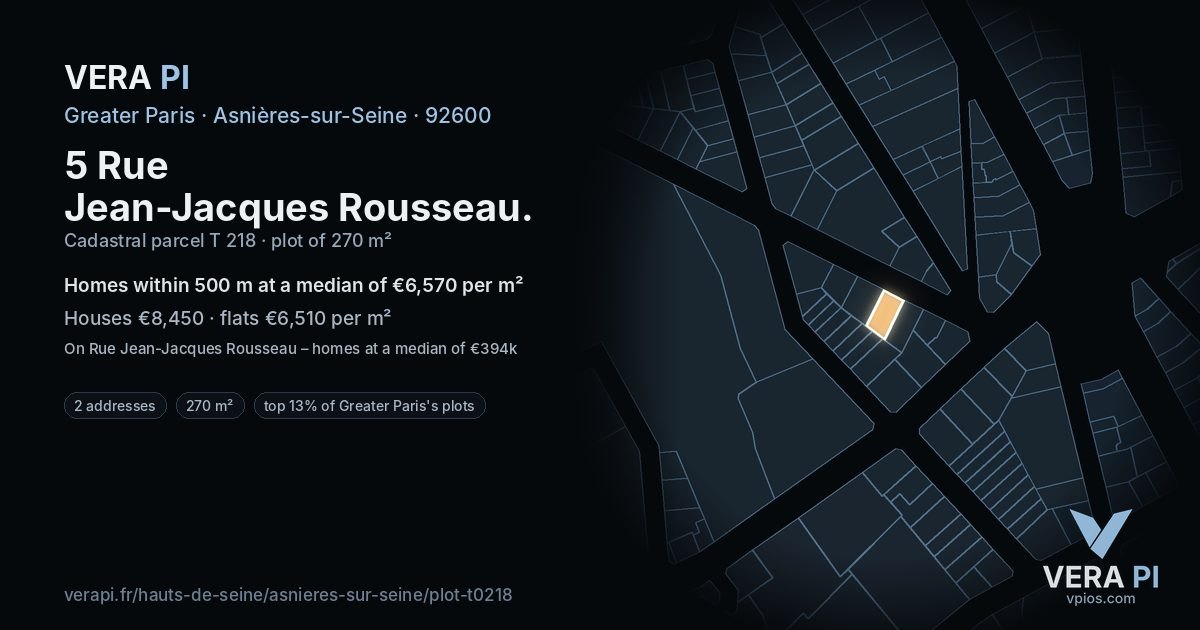 5 Rue Jean-Jacques Rousseau, Asnières-sur-Seine at night – the plot lit, the parcels around coloured by the prices near them