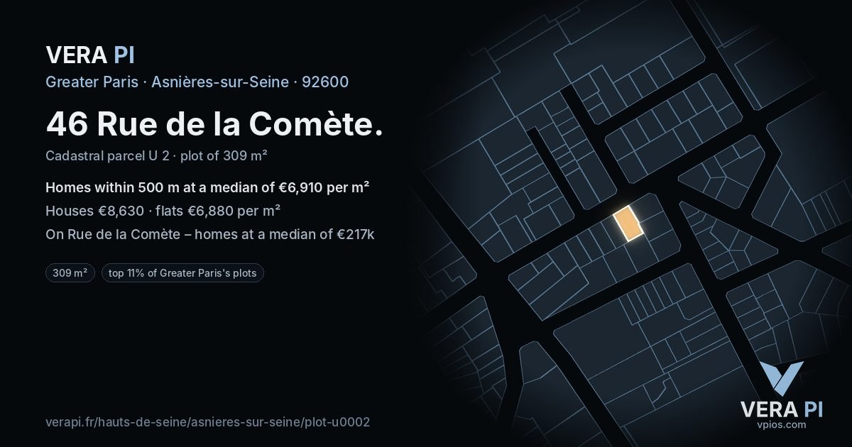 46 Rue de la Comète, Asnières-sur-Seine at night – the plot lit, the parcels around coloured by the prices near them