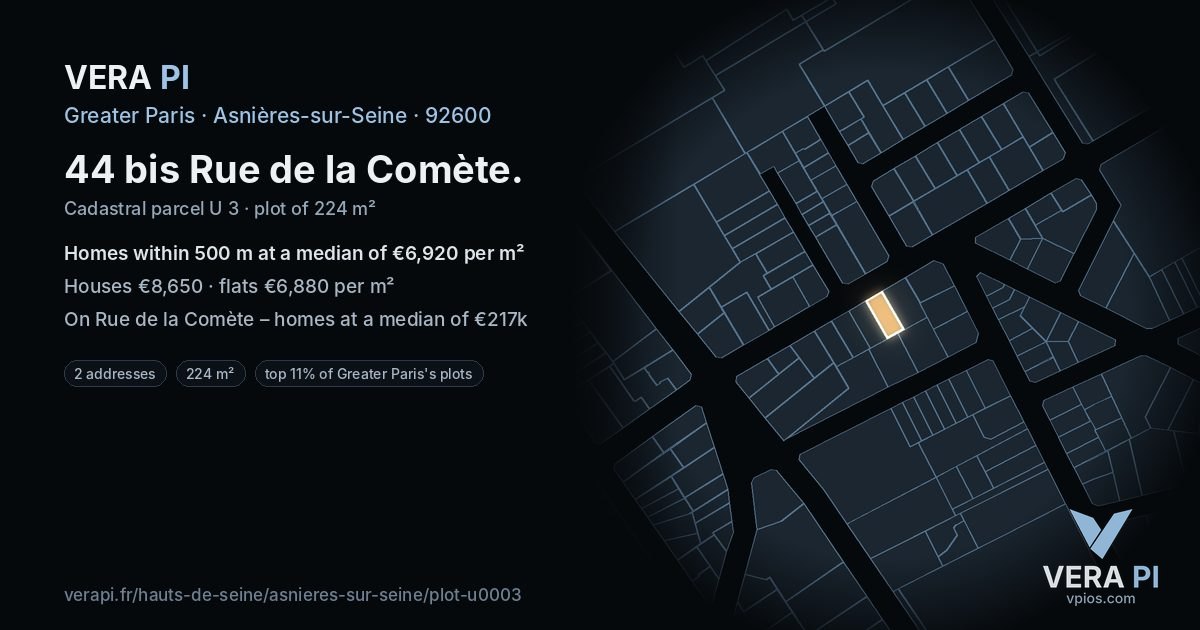 44 bis Rue de la Comète, Asnières-sur-Seine at night – the plot lit, the parcels around coloured by the prices near them