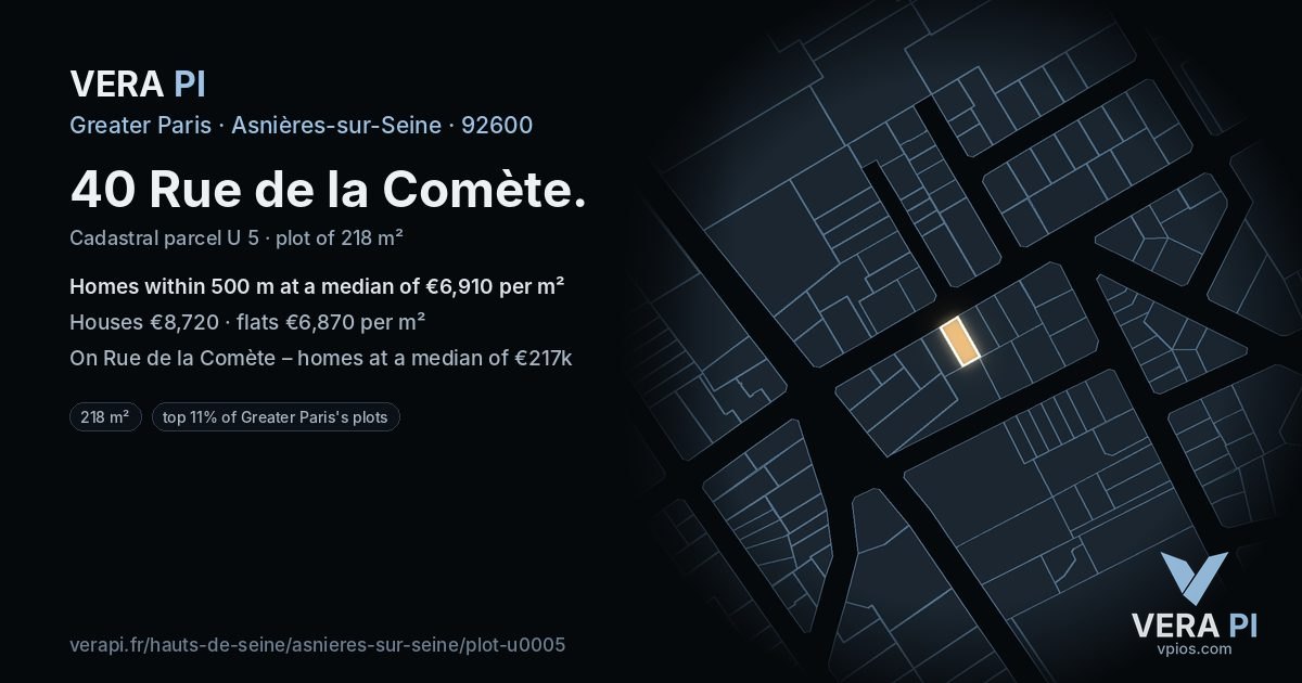 40 Rue de la Comète, Asnières-sur-Seine at night – the plot lit, the parcels around coloured by the prices near them