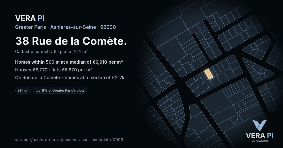 38 Rue de la Comète, Asnières-sur-Seine at night – the plot lit, the parcels around coloured by the prices near them
