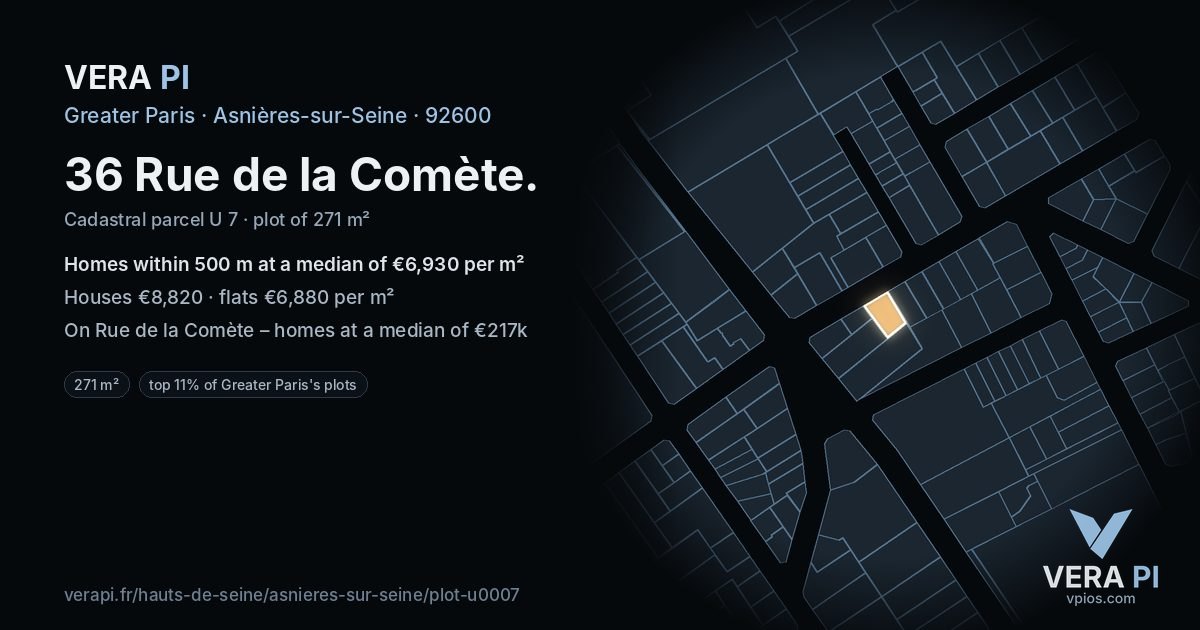 36 Rue de la Comète, Asnières-sur-Seine at night – the plot lit, the parcels around coloured by the prices near them