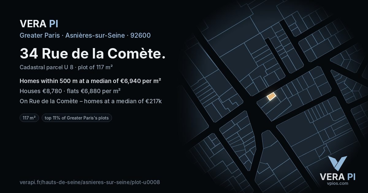 34 Rue de la Comète, Asnières-sur-Seine at night – the plot lit, the parcels around coloured by the prices near them