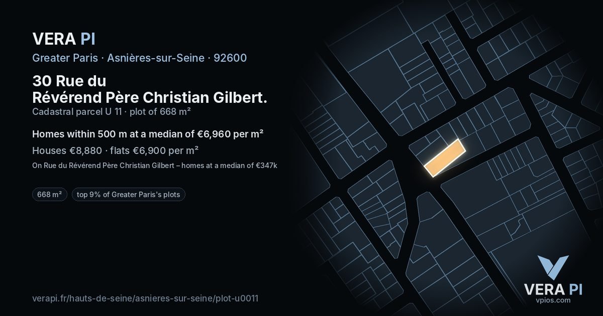 30 Rue du Révérend Père Christian Gilbert, Asnières-sur-Seine at night – the plot lit, the parcels around coloured by the prices near them