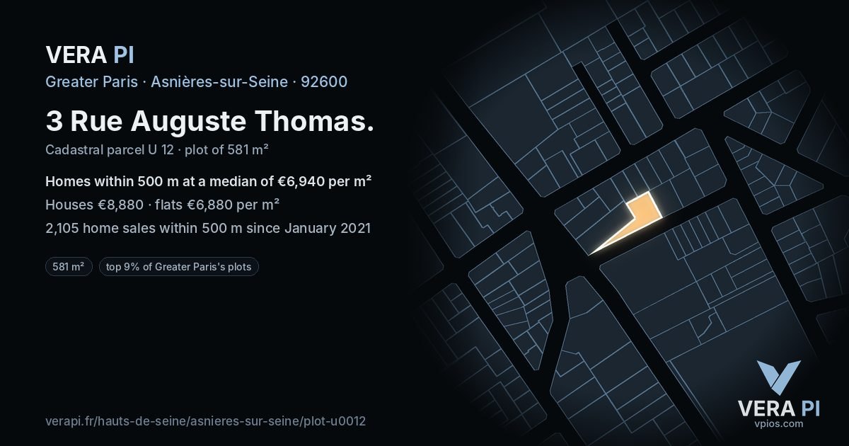 3 Rue Auguste Thomas, Asnières-sur-Seine at night – the plot lit, the parcels around coloured by the prices near them