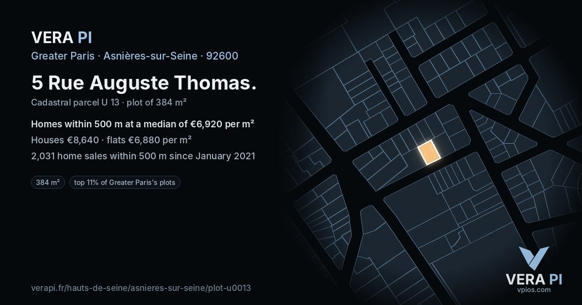 5 Rue Auguste Thomas, Asnières-sur-Seine at night – the plot lit, the parcels around coloured by the prices near them