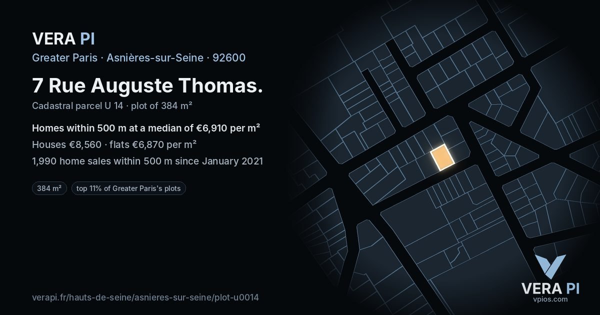 7 Rue Auguste Thomas, Asnières-sur-Seine at night – the plot lit, the parcels around coloured by the prices near them