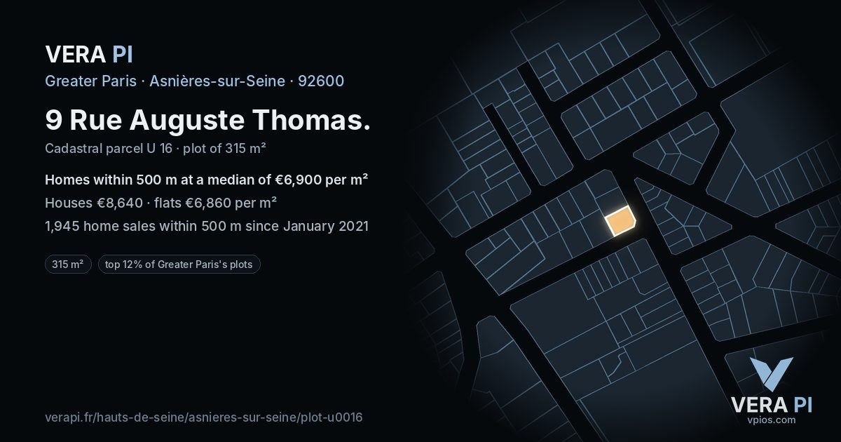 9 Rue Auguste Thomas, Asnières-sur-Seine at night – the plot lit, the parcels around coloured by the prices near them