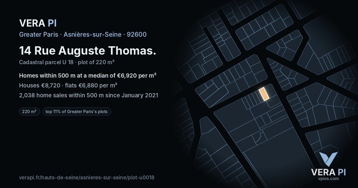 14 Rue Auguste Thomas, Asnières-sur-Seine at night – the plot lit, the parcels around coloured by the prices near them