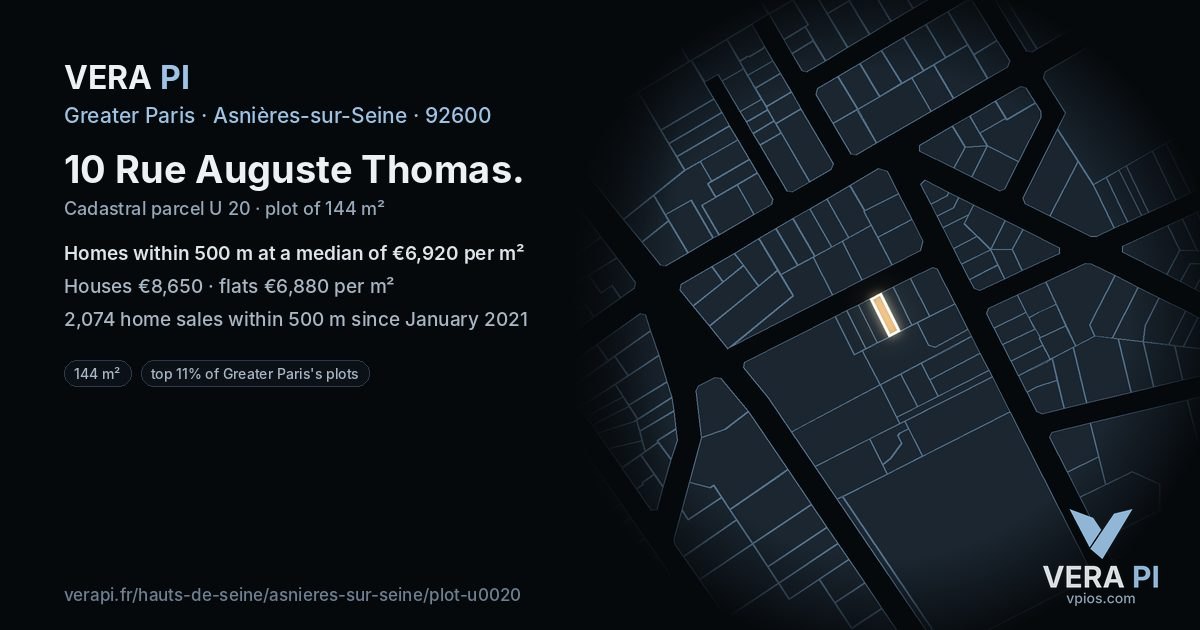 10 Rue Auguste Thomas, Asnières-sur-Seine at night – the plot lit, the parcels around coloured by the prices near them