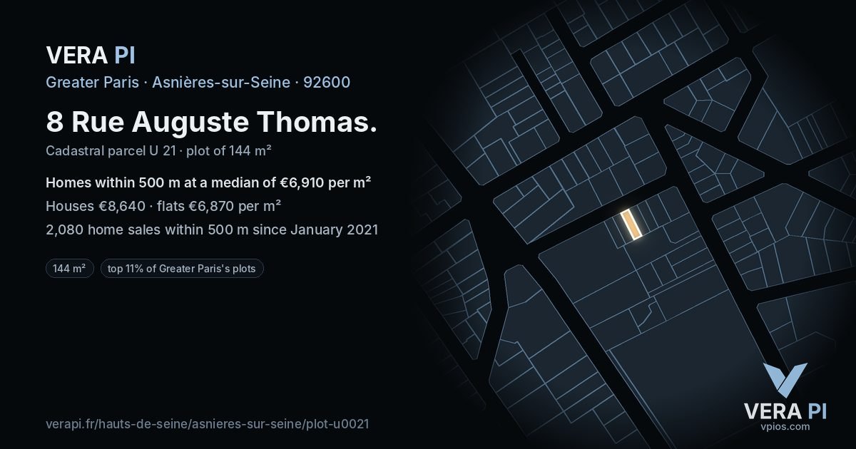 8 Rue Auguste Thomas, Asnières-sur-Seine at night – the plot lit, the parcels around coloured by the prices near them