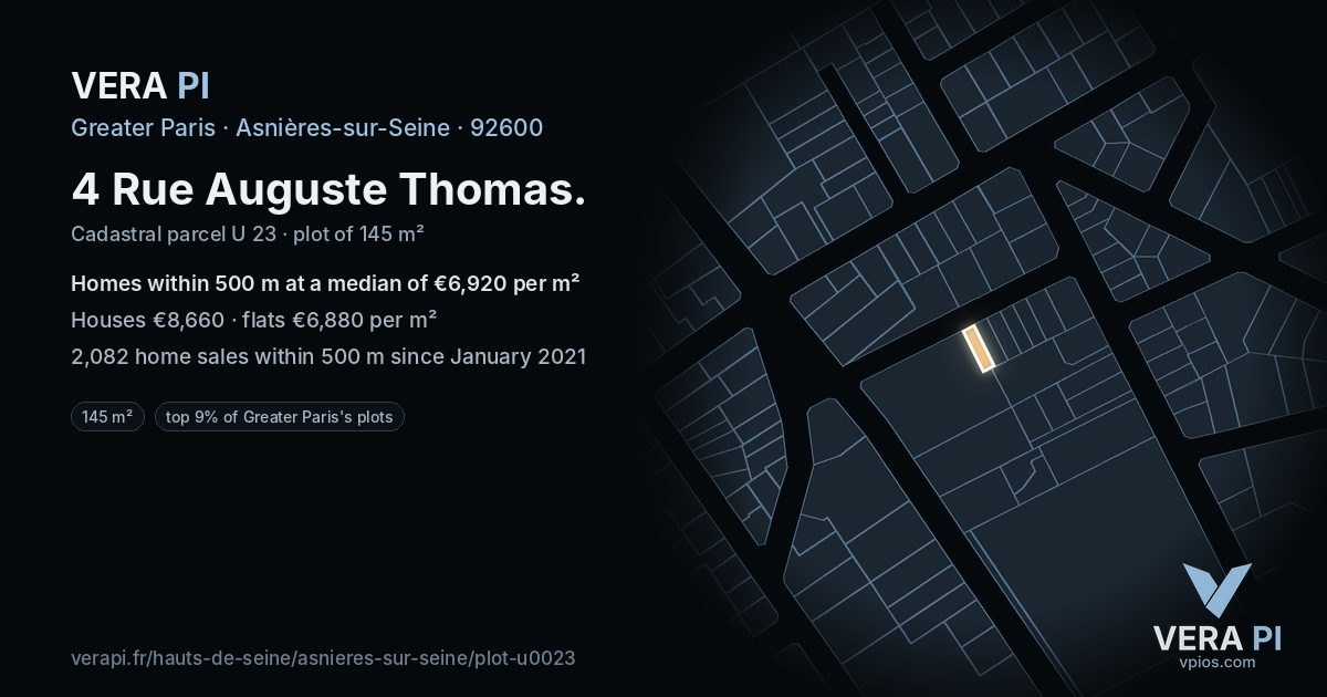 4 Rue Auguste Thomas, Asnières-sur-Seine at night – the plot lit, the parcels around coloured by the prices near them