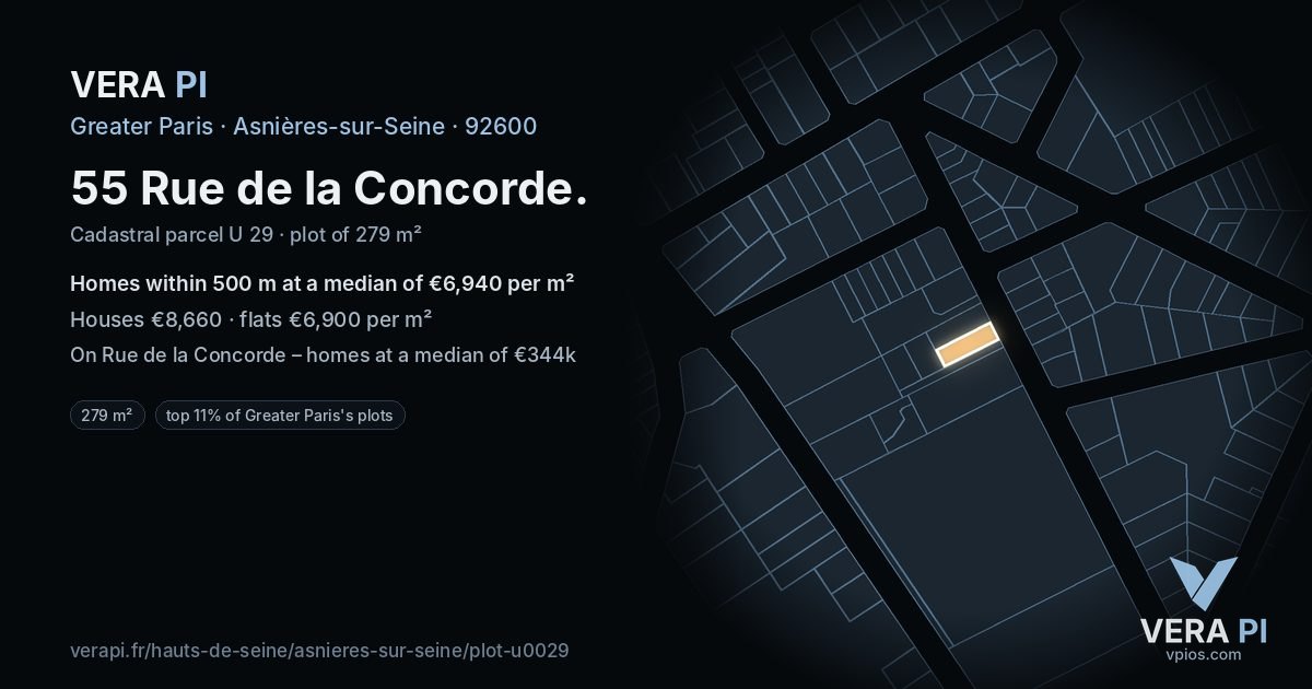 55 Rue de la Concorde, Asnières-sur-Seine at night – the plot lit, the parcels around coloured by the prices near them