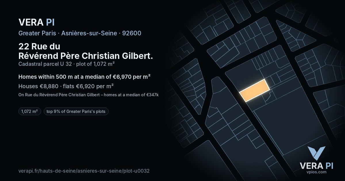 22 Rue du Révérend Père Christian Gilbert, Asnières-sur-Seine at night – the plot lit, the parcels around coloured by the prices near them