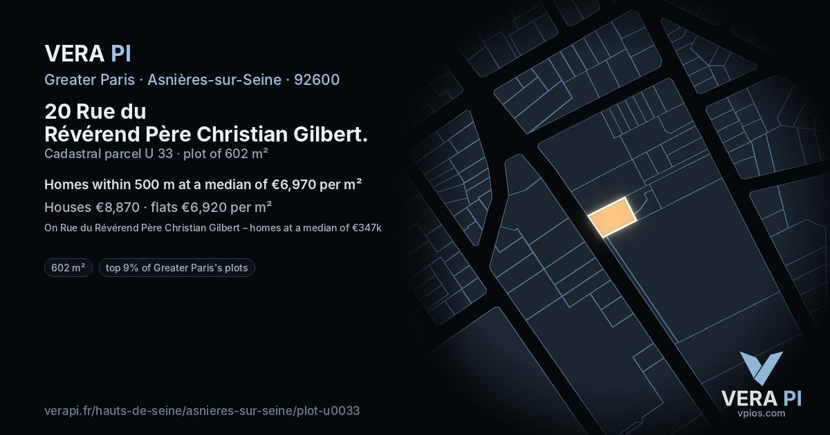 20 Rue du Révérend Père Christian Gilbert, Asnières-sur-Seine at night – the plot lit, the parcels around coloured by the prices near them
