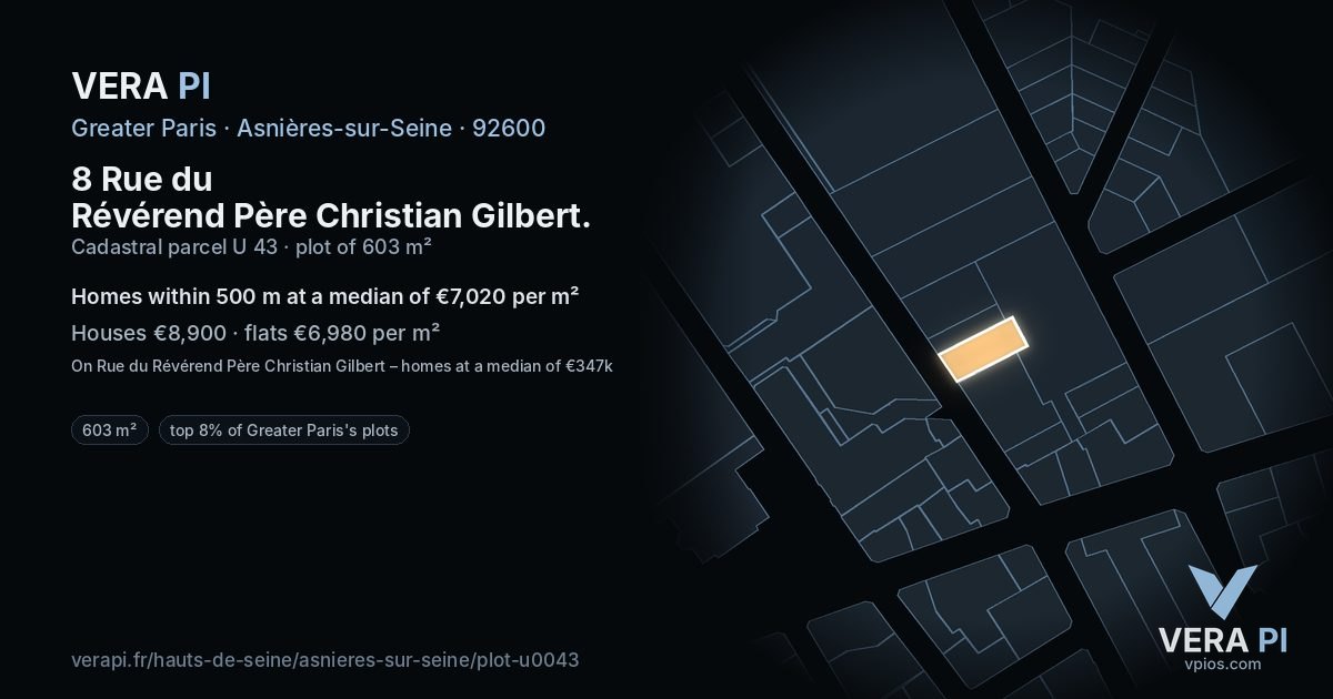8 Rue du Révérend Père Christian Gilbert, Asnières-sur-Seine at night – the plot lit, the parcels around coloured by the prices near them