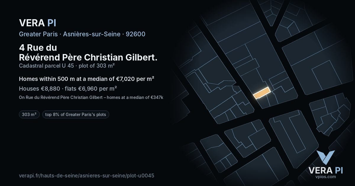 4 Rue du Révérend Père Christian Gilbert, Asnières-sur-Seine at night – the plot lit, the parcels around coloured by the prices near them