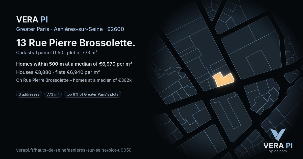 13 Rue Pierre Brossolette, Asnières-sur-Seine at night – the plot lit, the parcels around coloured by the prices near them
