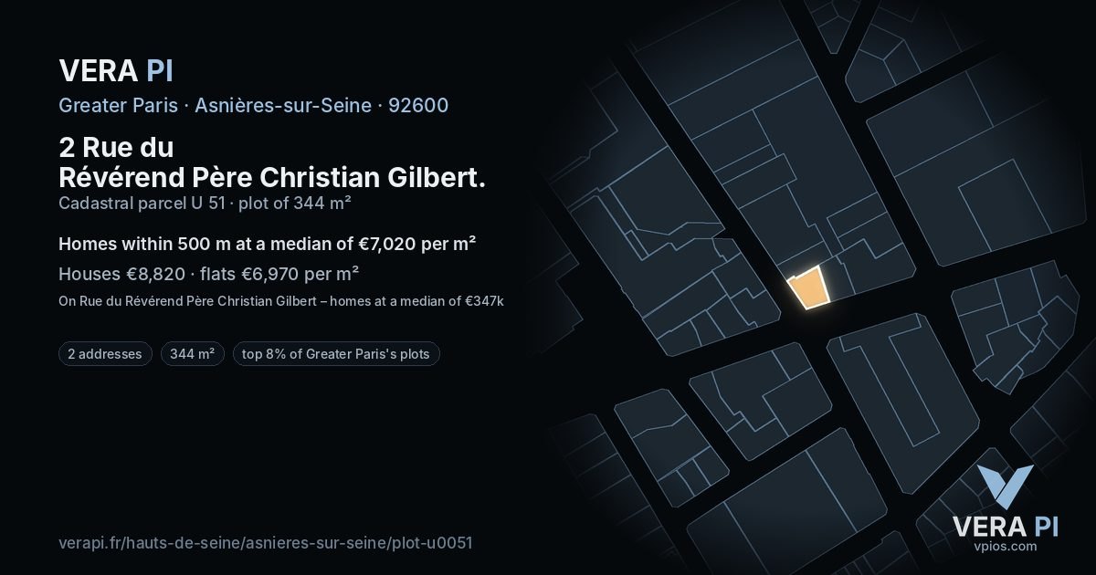 2 Rue du Révérend Père Christian Gilbert, Asnières-sur-Seine at night – the plot lit, the parcels around coloured by the prices near them