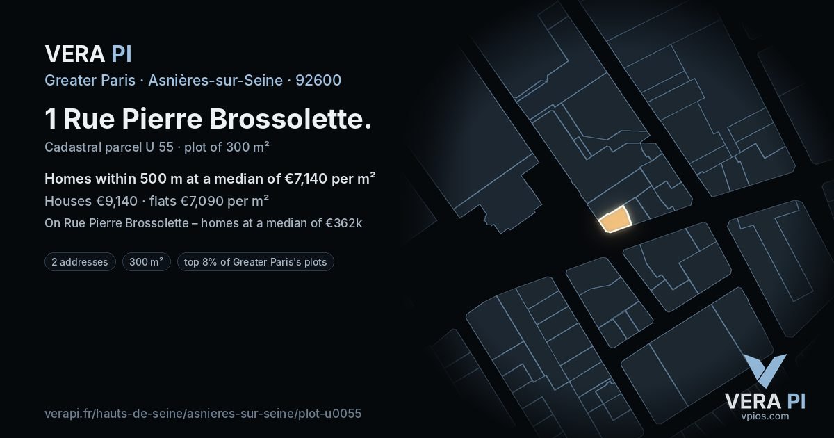 1 Rue Pierre Brossolette, Asnières-sur-Seine at night – the plot lit, the parcels around coloured by the prices near them