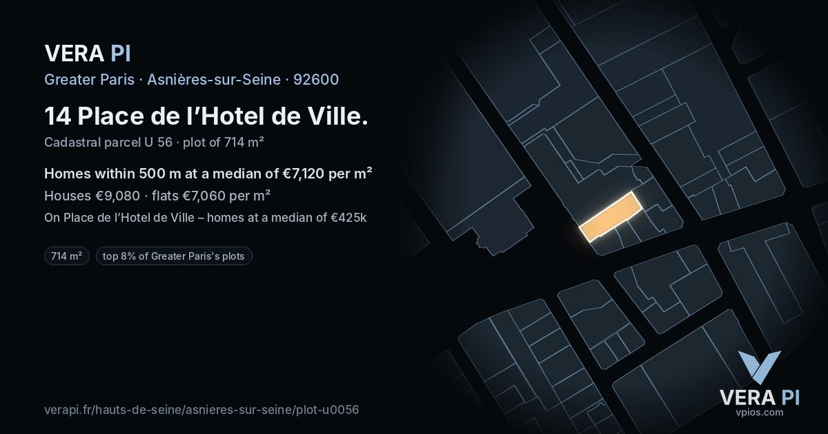 14 Place de l’Hotel de Ville, Asnières-sur-Seine at night – the plot lit, the parcels around coloured by the prices near them