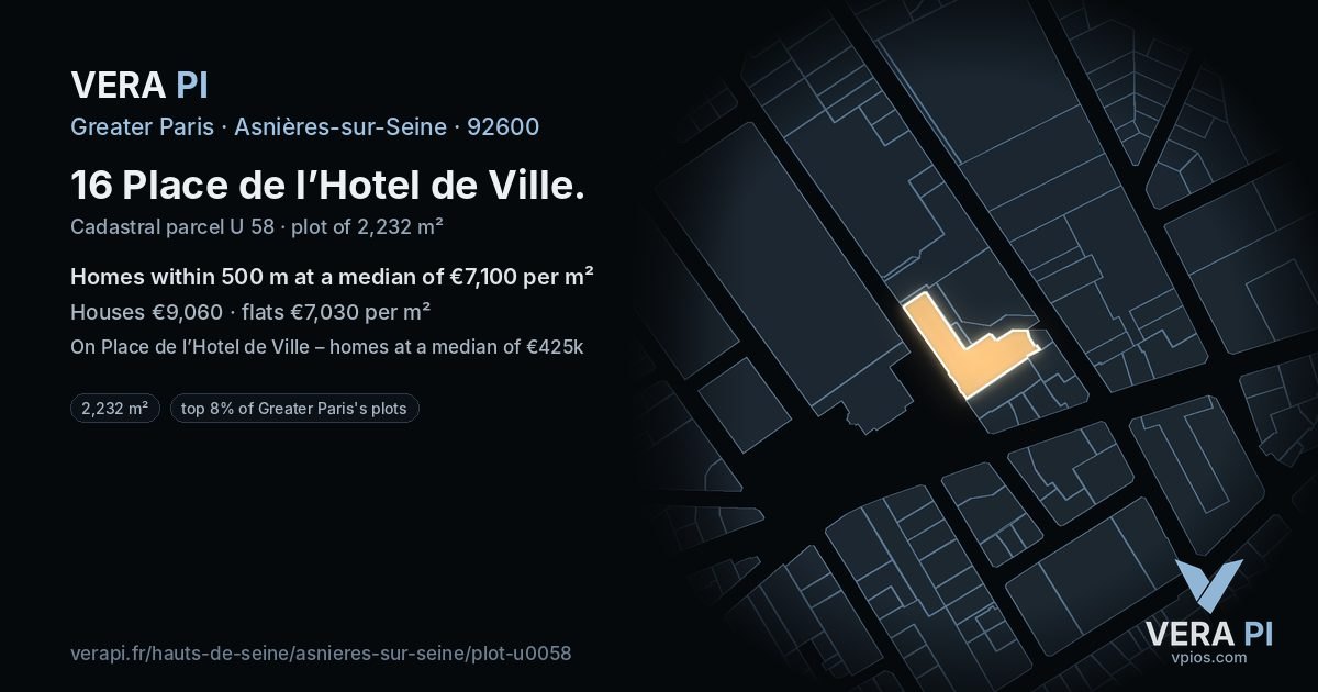 16 Place de l’Hotel de Ville, Asnières-sur-Seine at night – the plot lit, the parcels around coloured by the prices near them
