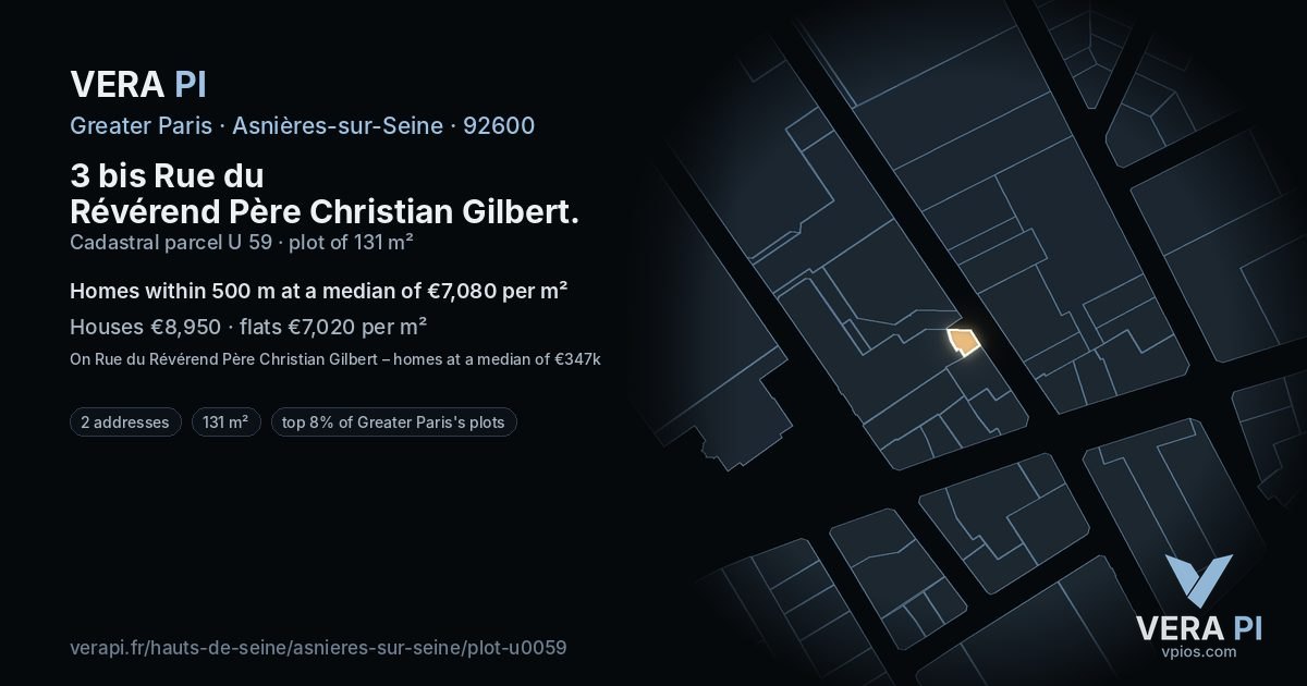 3 bis Rue du Révérend Père Christian Gilbert, Asnières-sur-Seine at night – the plot lit, the parcels around coloured by the prices near them