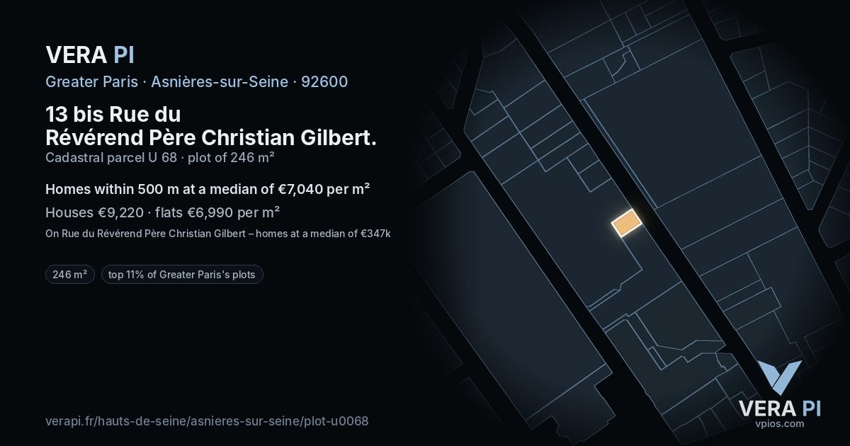 13 bis Rue du Révérend Père Christian Gilbert, Asnières-sur-Seine at night – the plot lit, the parcels around coloured by the prices near them