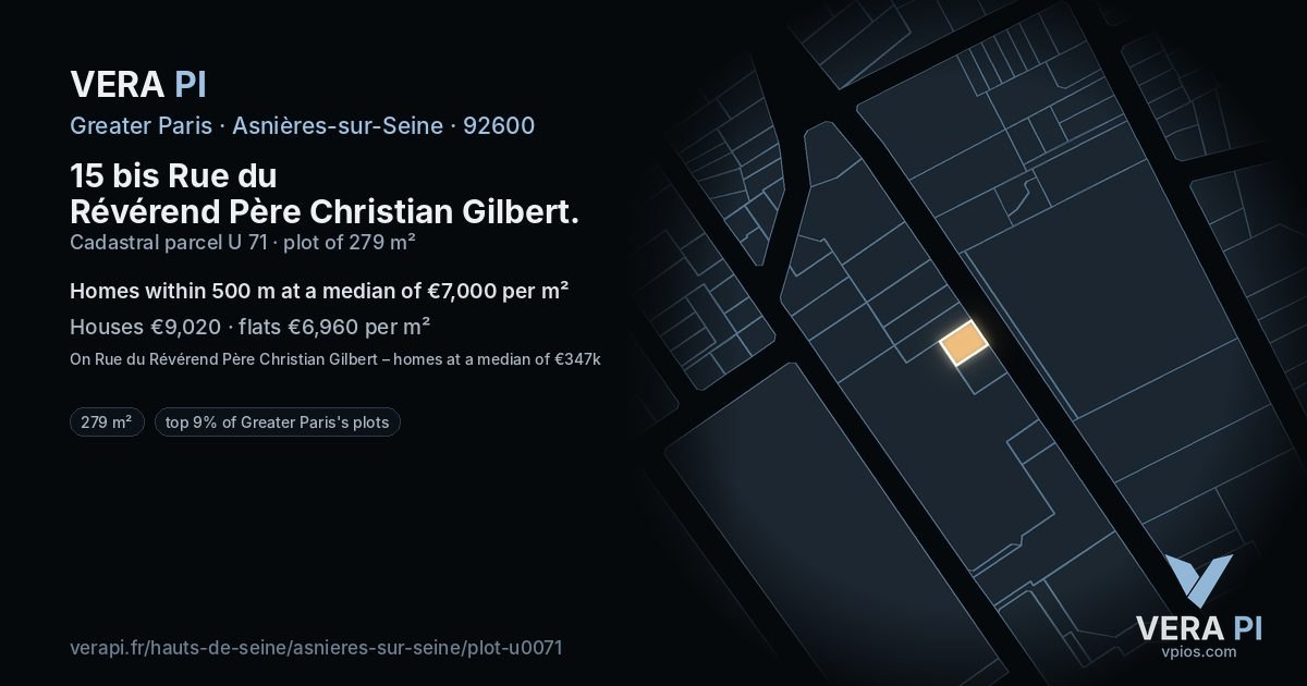 15 bis Rue du Révérend Père Christian Gilbert, Asnières-sur-Seine at night – the plot lit, the parcels around coloured by the prices near them