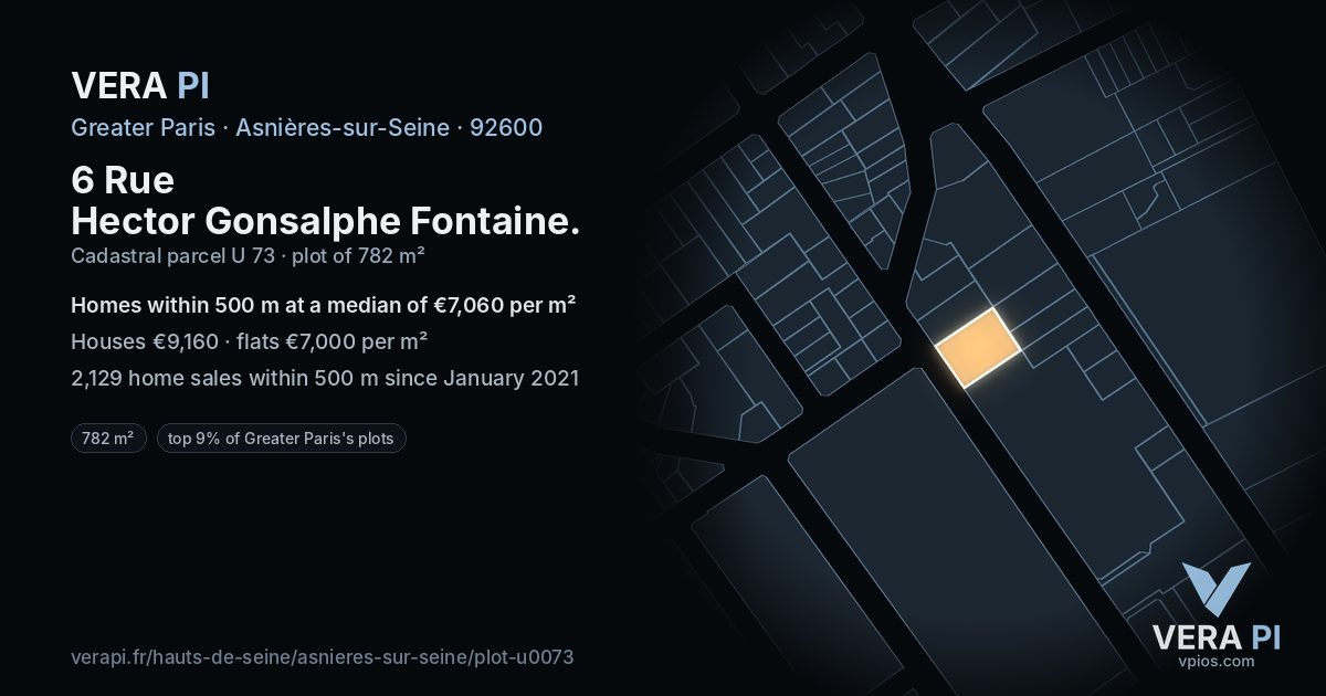 6 Rue Hector Gonsalphe Fontaine, Asnières-sur-Seine at night – the plot lit, the parcels around coloured by the prices near them