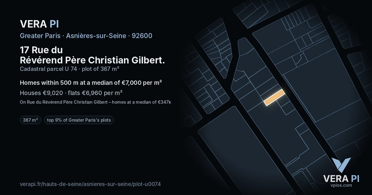 17 Rue du Révérend Père Christian Gilbert, Asnières-sur-Seine at night – the plot lit, the parcels around coloured by the prices near them
