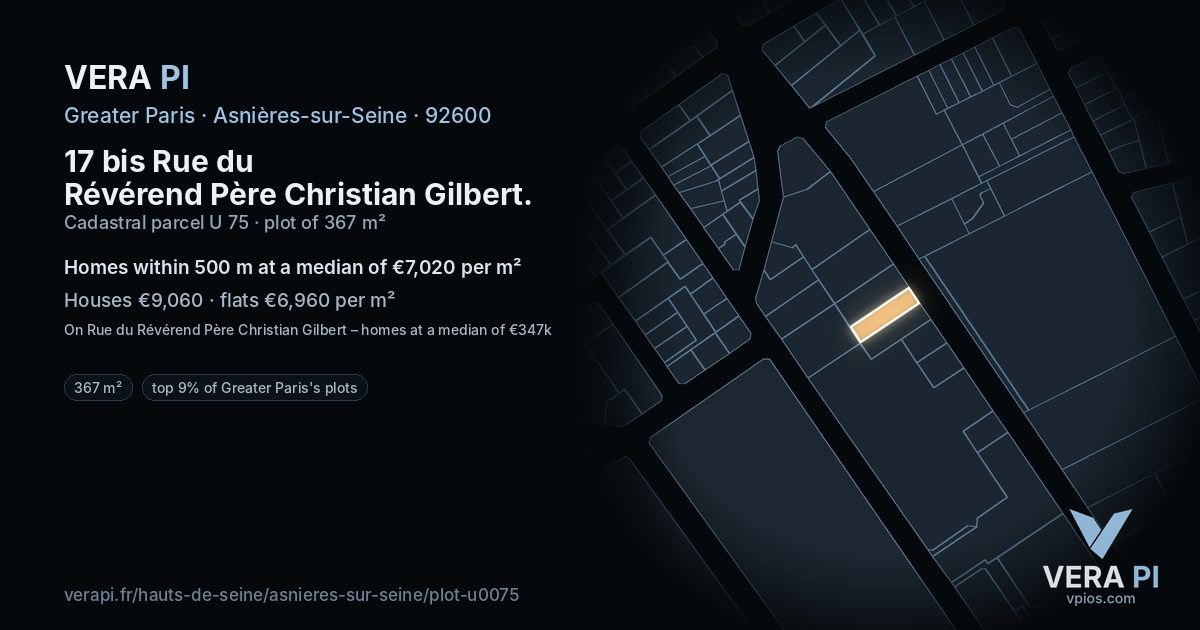 17 bis Rue du Révérend Père Christian Gilbert, Asnières-sur-Seine at night – the plot lit, the parcels around coloured by the prices near them