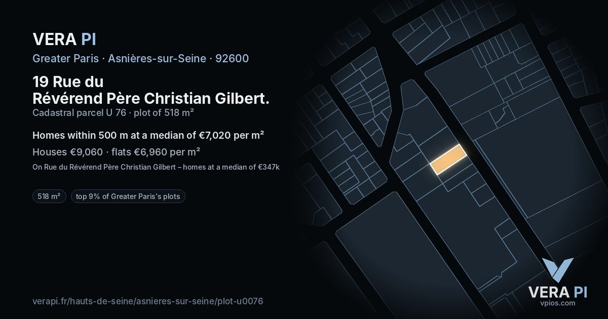 19 Rue du Révérend Père Christian Gilbert, Asnières-sur-Seine at night – the plot lit, the parcels around coloured by the prices near them
