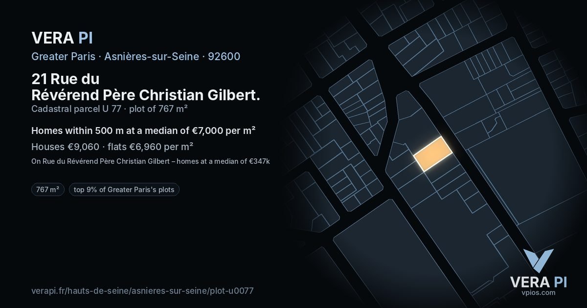 21 Rue du Révérend Père Christian Gilbert, Asnières-sur-Seine at night – the plot lit, the parcels around coloured by the prices near them