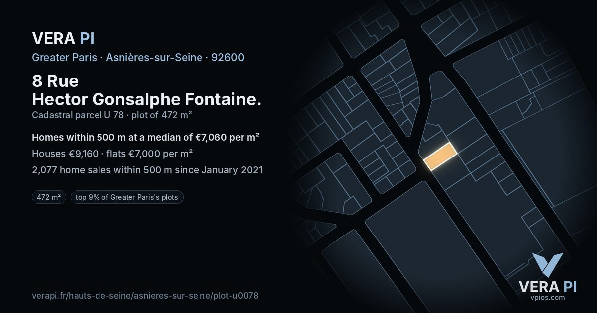 8 Rue Hector Gonsalphe Fontaine, Asnières-sur-Seine at night – the plot lit, the parcels around coloured by the prices near them