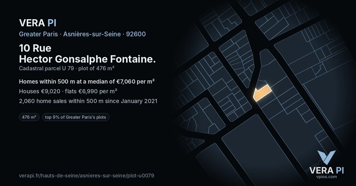 10 Rue Hector Gonsalphe Fontaine, Asnières-sur-Seine at night – the plot lit, the parcels around coloured by the prices near them