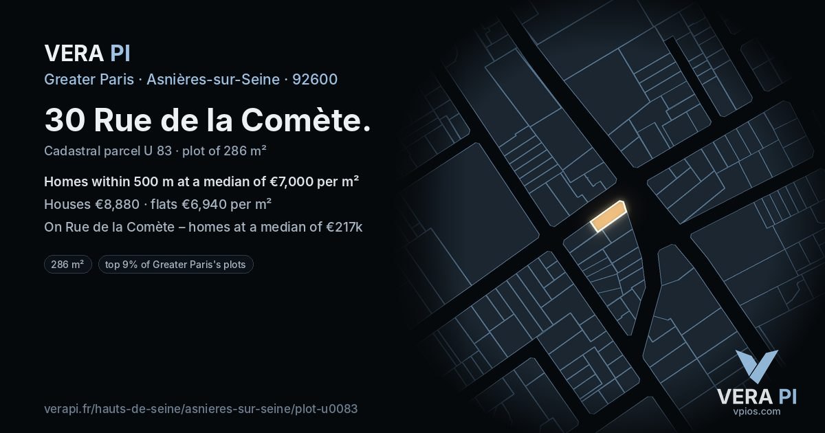 30 Rue de la Comète, Asnières-sur-Seine at night – the plot lit, the parcels around coloured by the prices near them