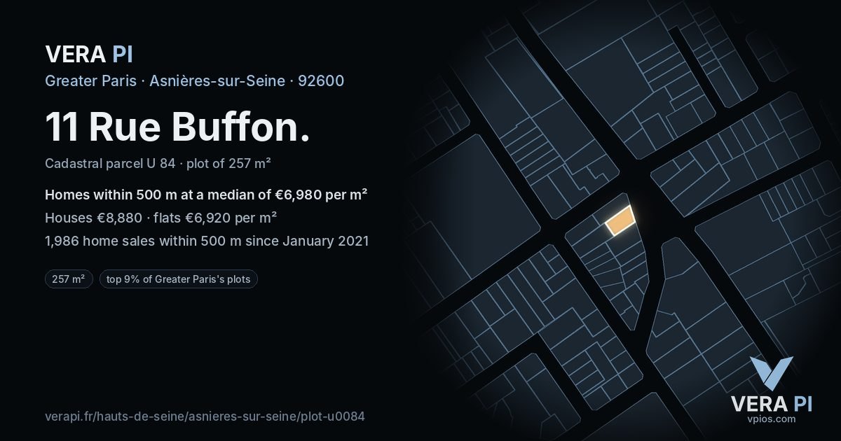 11 Rue Buffon, Asnières-sur-Seine at night – the plot lit, the parcels around coloured by the prices near them