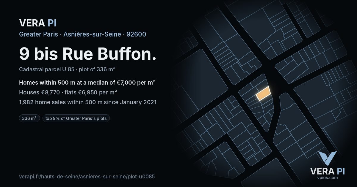 9 bis Rue Buffon, Asnières-sur-Seine at night – the plot lit, the parcels around coloured by the prices near them