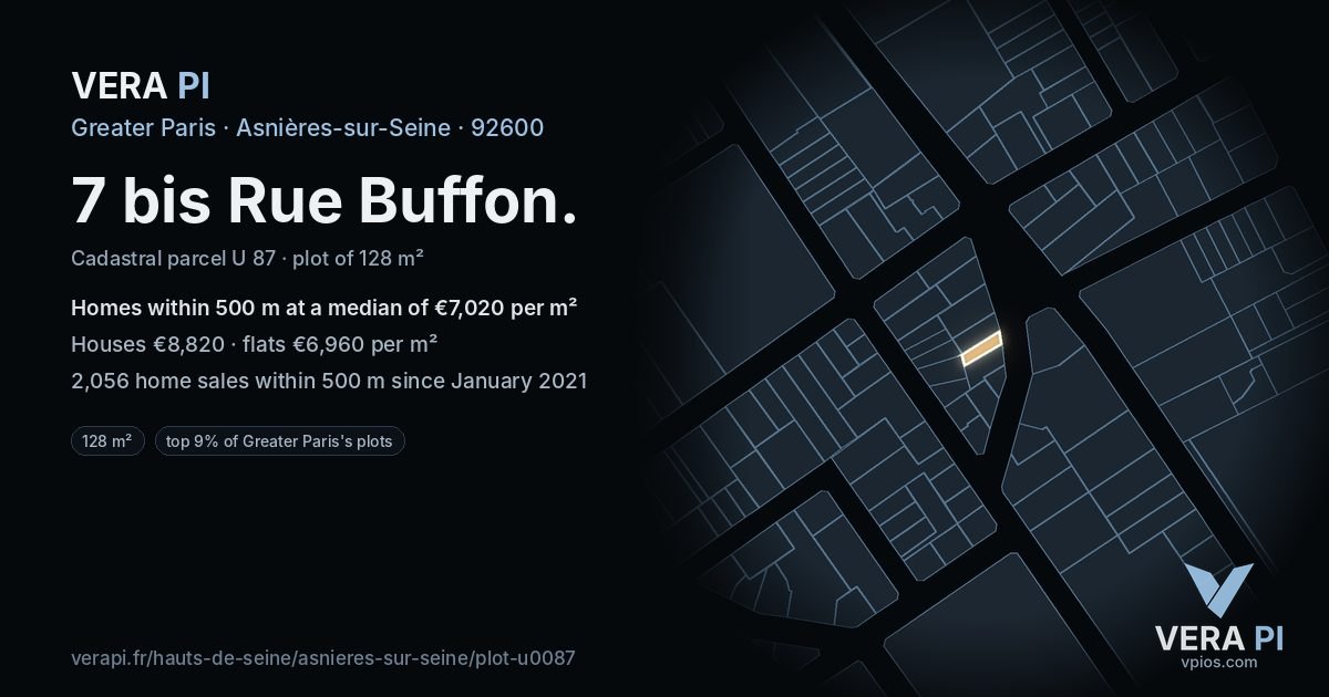 7 bis Rue Buffon, Asnières-sur-Seine at night – the plot lit, the parcels around coloured by the prices near them