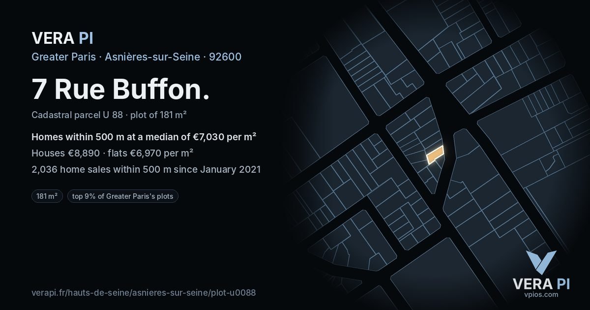 7 Rue Buffon, Asnières-sur-Seine at night – the plot lit, the parcels around coloured by the prices near them