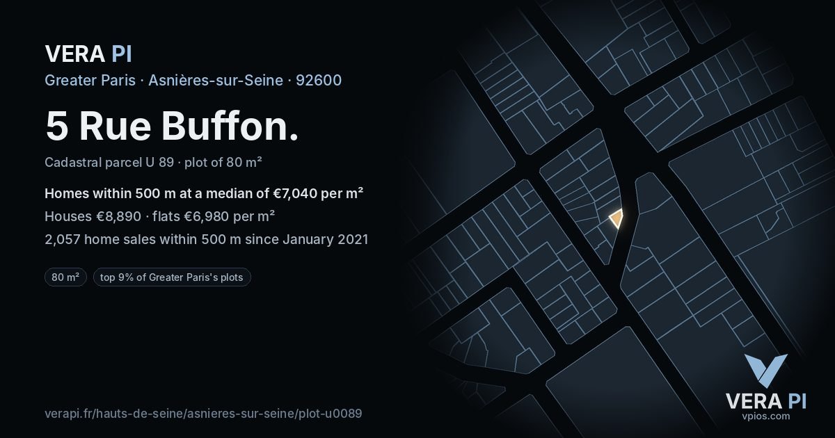 5 Rue Buffon, Asnières-sur-Seine at night – the plot lit, the parcels around coloured by the prices near them