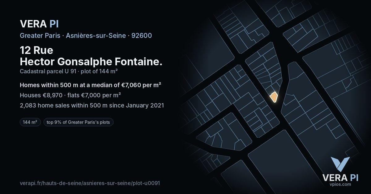 12 Rue Hector Gonsalphe Fontaine, Asnières-sur-Seine at night – the plot lit, the parcels around coloured by the prices near them