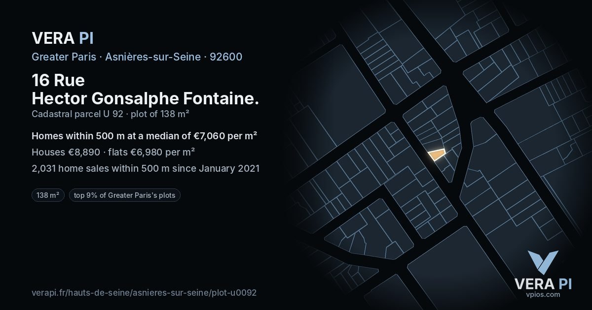 16 Rue Hector Gonsalphe Fontaine, Asnières-sur-Seine at night – the plot lit, the parcels around coloured by the prices near them