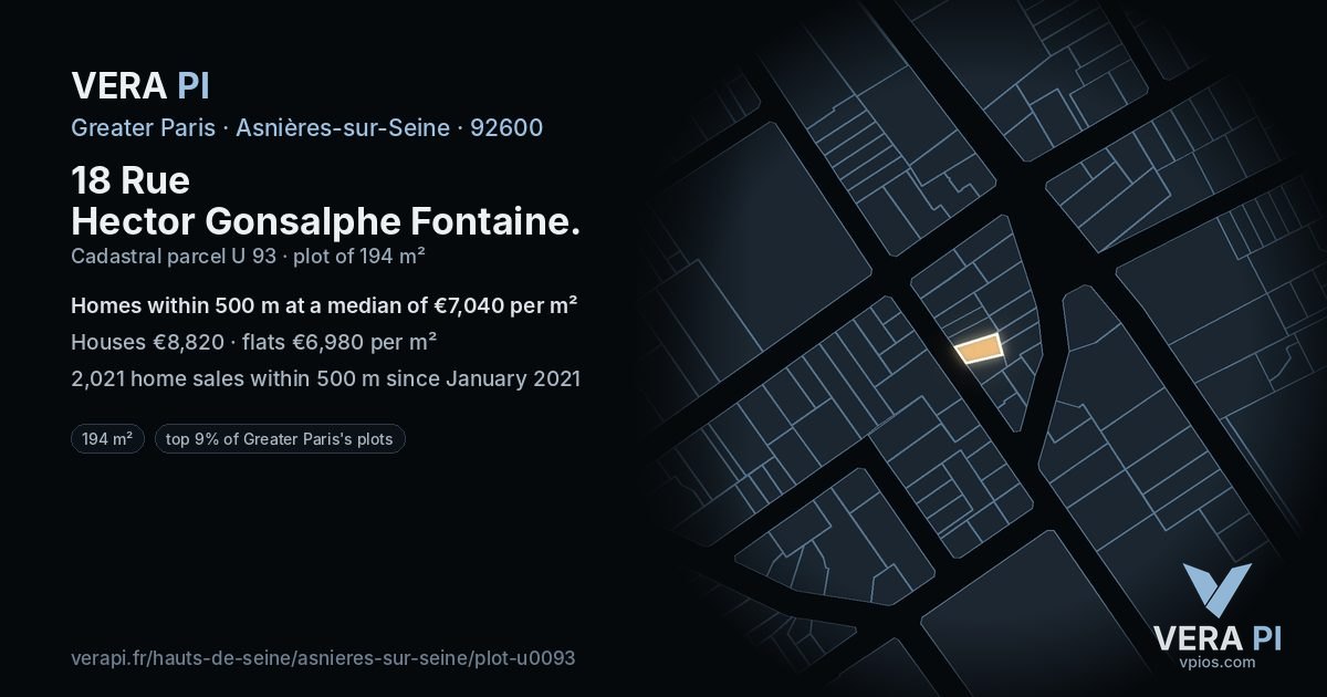 18 Rue Hector Gonsalphe Fontaine, Asnières-sur-Seine at night – the plot lit, the parcels around coloured by the prices near them