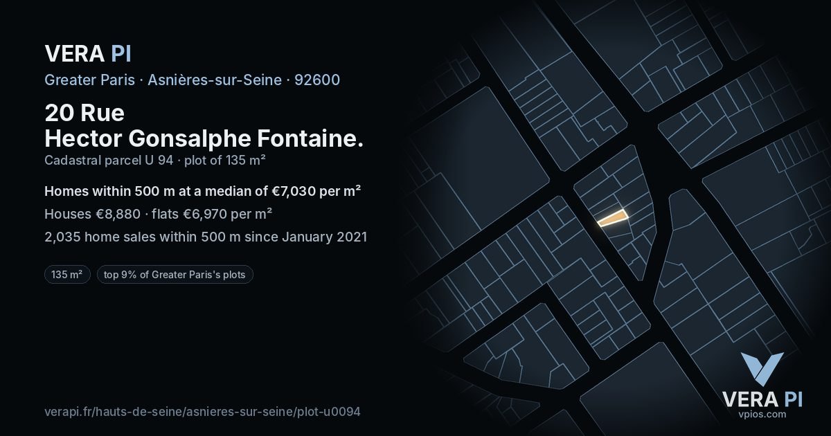 20 Rue Hector Gonsalphe Fontaine, Asnières-sur-Seine at night – the plot lit, the parcels around coloured by the prices near them