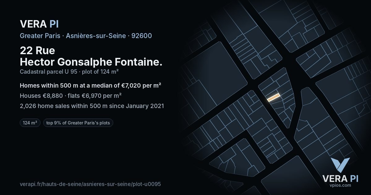 22 Rue Hector Gonsalphe Fontaine, Asnières-sur-Seine at night – the plot lit, the parcels around coloured by the prices near them