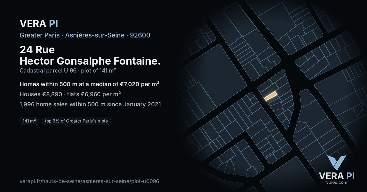 24 Rue Hector Gonsalphe Fontaine, Asnières-sur-Seine at night – the plot lit, the parcels around coloured by the prices near them