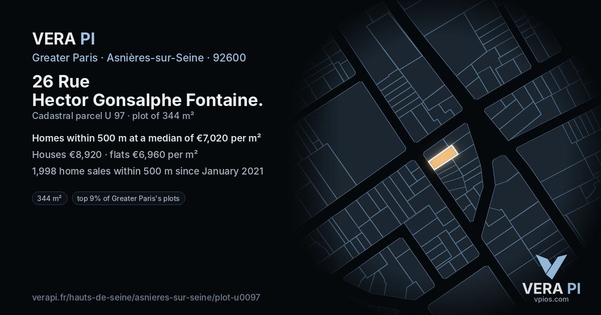26 Rue Hector Gonsalphe Fontaine, Asnières-sur-Seine at night – the plot lit, the parcels around coloured by the prices near them